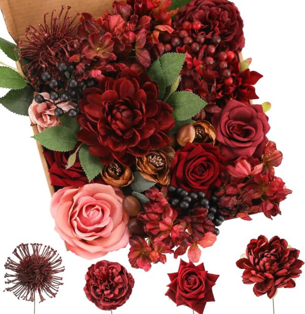 e3b8d6e418fe5e52 Floweroyal Artificial Flowers Combo Dusty Blue Flowers Mix Silk Flowers Dahlia Roses with Stems for DIY Wedding Bridal Bouquets, Baby Shower, Floral Arrangement, Table Centerpieces, Home Decorations.