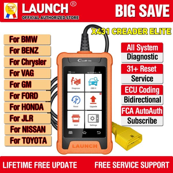 e3d69a0bc1a06b6e LAUNCH X431 Creader Elite For BENZ Diagnostic Tools Professional Full System TPMS 31+ reset Function Online Coding OBD2 Scanner
