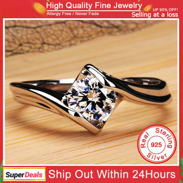 With Credentials 100% Original Sterling Rings Women's 1 Carat Imitation Diamond Ring Sier Jewelry Wedding Band