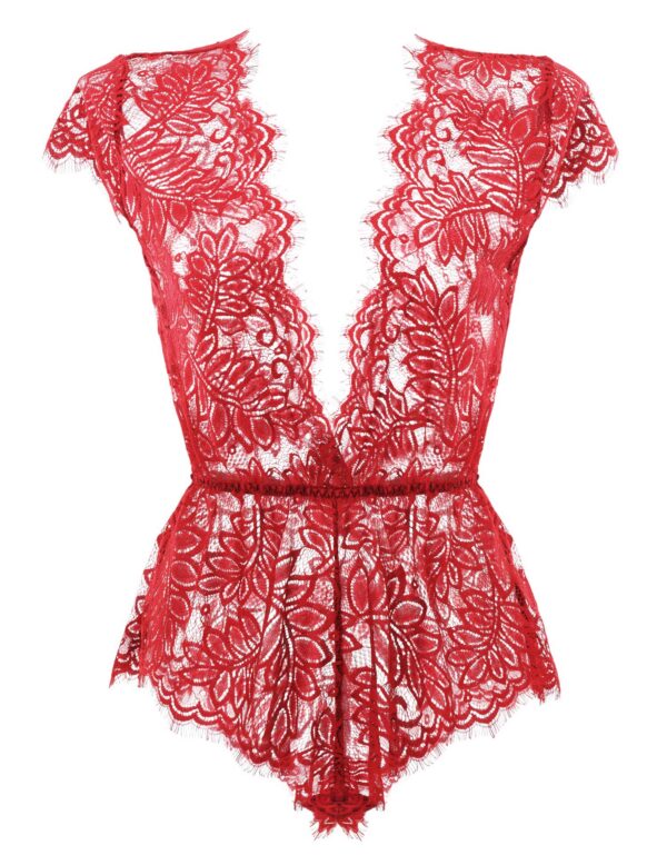 Anyou Womens Lingerie V-Neck Lace Bodysuit Mini Babydoll Featuring Plunging Eyelash Size XS-XXL