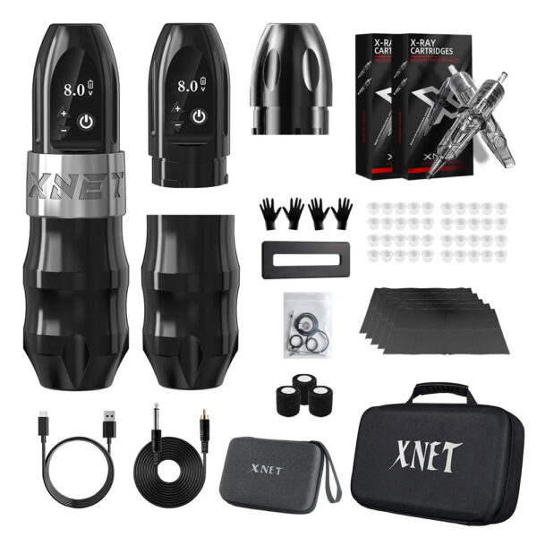 XNET Titan Wireless Tattoo Machine Kit with Extra 38mm Grip 2400mAh Battery 40pcs Mixed Tattoo Cartridge for Tattoo Artists