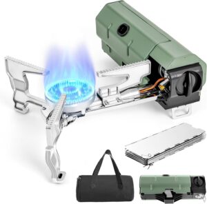 Orifesio Foldable Camping Stove, 2600W Portable Butane Stove with Windshield and Storage Bag, Ideal for Camping, Picnic, Hiking, Home, Travel