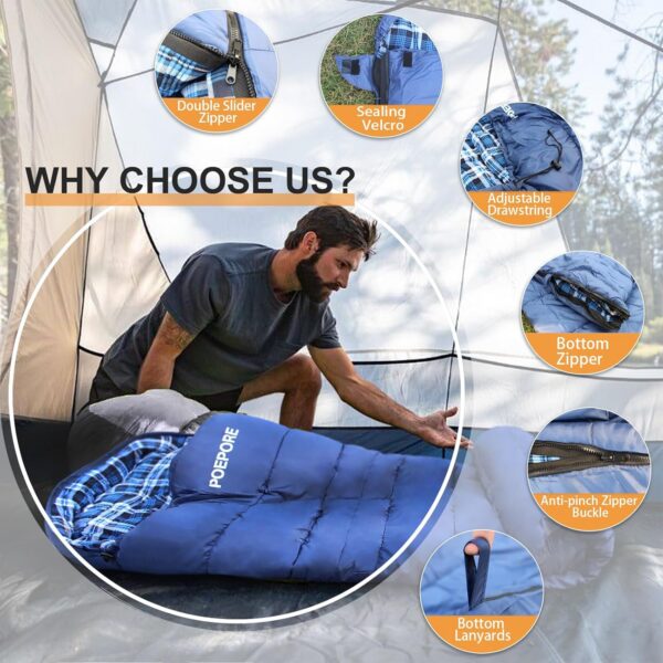 e4c0bb02ff585f42 0 Degree Sleeping Bag 100% Cotton Flannel XXL Cold Weather Winter Oversized Sleeping Bag for Adults Camping Zero Degree Big and Tall with Compression Sack