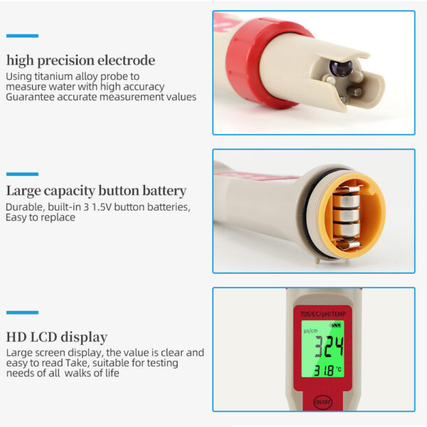 Multifunctional Meter Waterproof Water Quality Tester PH/TDS/EC/Temp Detector PH Test Pen with backlight for Aquarium Pool