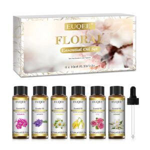 e5137824cf609029 EUQEE 6 Bottles Floral Series Essential Oils Set For Diffuser Candle Making-Rose Lavender Ylang Ylang Jasmine Geranium Chamomile