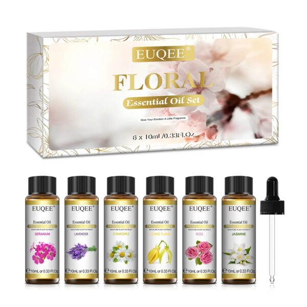 e5137824cf609029 EUQEE 6 Bottles Floral Series Essential Oils Set For Diffuser Candle Making-Rose Lavender Ylang Ylang Jasmine Geranium Chamomile