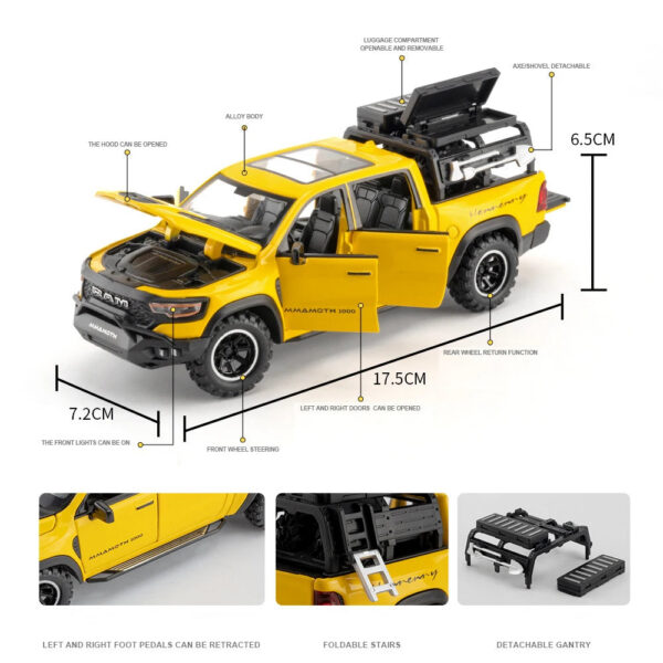 1:32 DODGE Mammoth 1000 TRX Alloy Pickup Car Model Diecast Metal Off-road Vehicle Model Sound and Light Simulation Kids Toy Gift