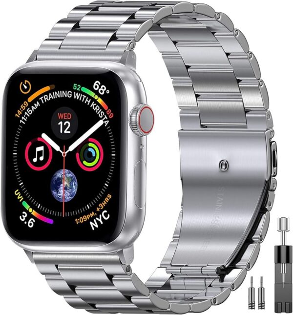 e57a89d2d35053c1 EPULY Compatible with Apple Watch Band 42mm 44mm 45mm 38mm 40mm 41mm, Business Stainless Steel Metal Wristband for iWatch SE & Series 7 6 5 4 3 2 1 for Men Women (Silver, 41mm 40mm 38mm)