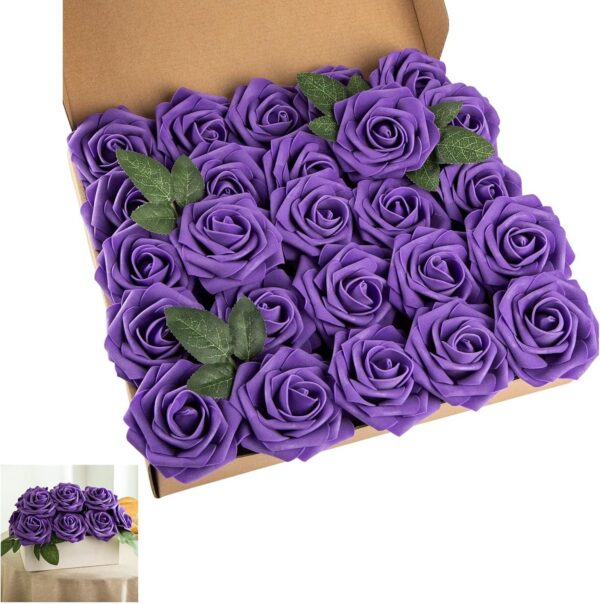 e6031102879aea2a Artificial Flower Foam Purple Rose 50pcs Real Looking Fake Rose with Stems Leaves for Home Decoration Party Garden Centerpieces DIY Wedding Bouquets(Purple)