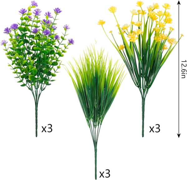 e6508f7210c7016f CEWOR 9pcs Artificial Flowers, UV Resistant Faux Outdoor Flowers, Fake Plastic Flowers for Cemetery Decoration Home Kitchen Bedroom Wedding Party Decor (Yellow, Purple, Green)