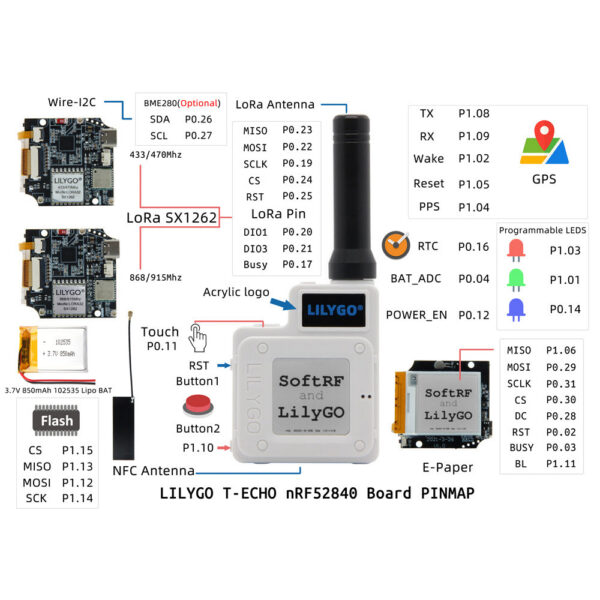 e65116bb9e2babe3 LILYGO® TTGO SoftRF T-Echo NRF52840 LoRa SX1262 433/868/915MHz Wireless Module L76K GPS 1.54 E-Paper BME280 Sensor for Arduino