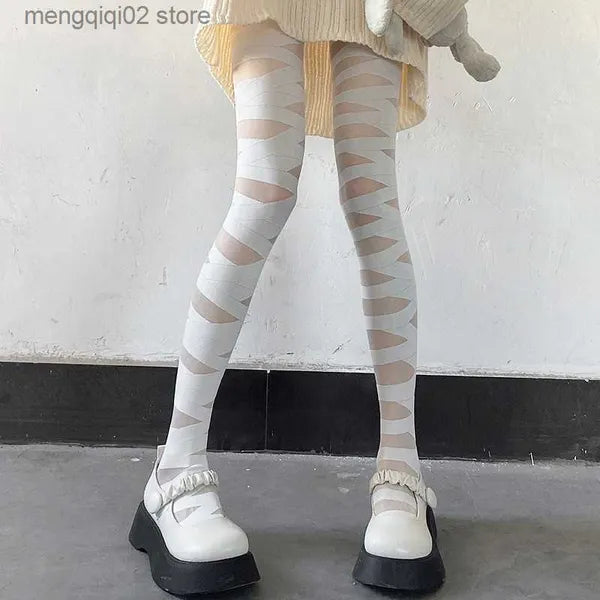 Socks Hosiery Japanese Cross Belt Black Pantyhose JK White Silk Thin Spring and Autumn Stock Z230810