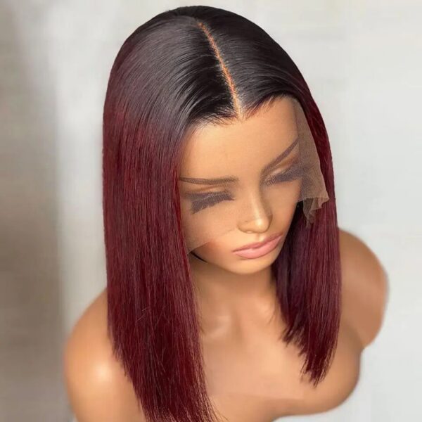 1B/99J Bury Short Straight Bob Brazilian Front Human Pre Plucked T Part Lace Wigs Remy Hair
