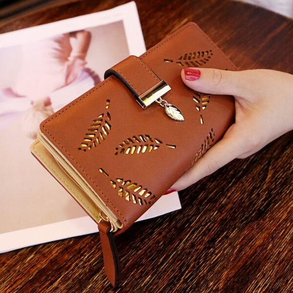 Fashion PU Leather Long Wallet Gold Hollow Leaves Pouch Handbag For Women Coin Purse Card Holders Clutch
