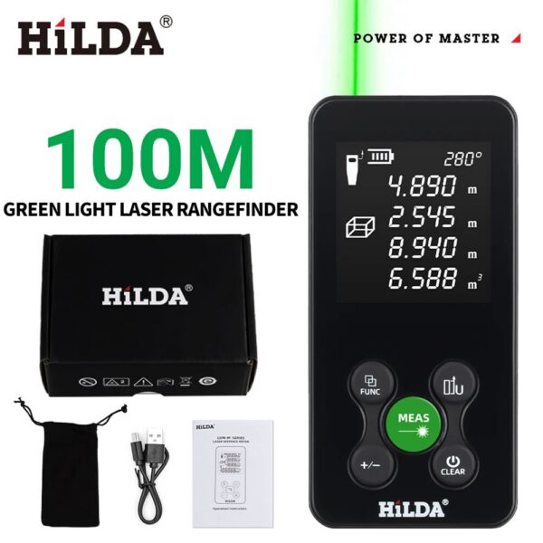 e71e42d69c13b623 HILDA 50M/100M Rangefinder Red/Green Light Distance Digital Tape Rechargeable and Measurable Angle Laser Measure