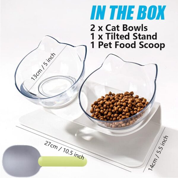 Raised Cat Bowl with Stand, 15° Tilted Cat Bowls for Kittens Elevated Cat Bowl Anti Vomiting Double Cat Bowls Plastic Transparent Cat Feeding Bowl