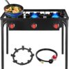 e769f0fa37479fbf 2 Burner Gamping Stove with Windpanel& Side Shelves, Bag, Auto Ignition Button,Regulator,150,000 BTU Camping Stove Propane Burner for Outdoor BBQ&Backyard Cooking Camping Home
