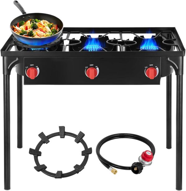 e769f0fa37479fbf 2 Burner Gamping Stove with Windpanel& Side Shelves, Bag, Auto Ignition Button,Regulator,150,000 BTU Camping Stove Propane Burner for Outdoor BBQ&Backyard Cooking Camping Home
