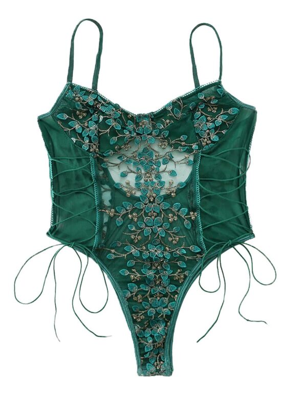 e77d8cdf72ff911d Lilosy Women Sexy Lace Up Floral Embroidered Teddy Lingerie Bodysuit Top Mesh Sheer One Piece