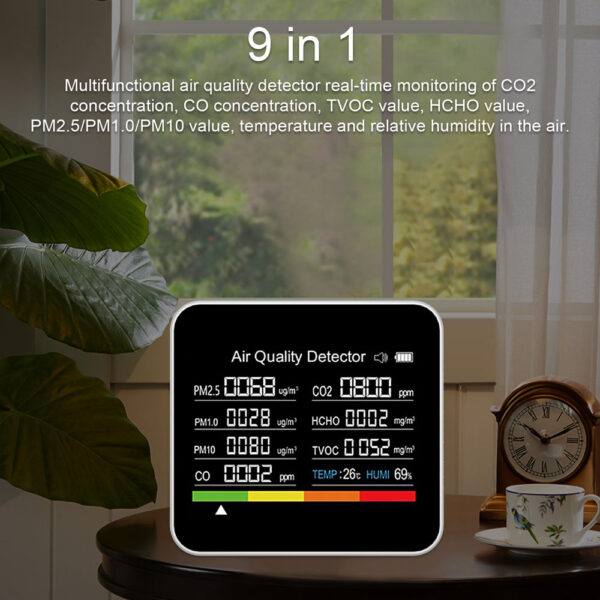 9 In 1 Air Quality Monitor CO2 Meter CO TVOC HCHO PM2.5 PM1.0 PM10 Temperature And Humidity Measurement Carbon Dioxide Detector