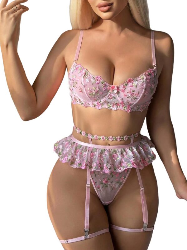 e8057dd35029e0db WDIRARA Women's Floral Lace Push Up Garter Lingerie Set with Stockings