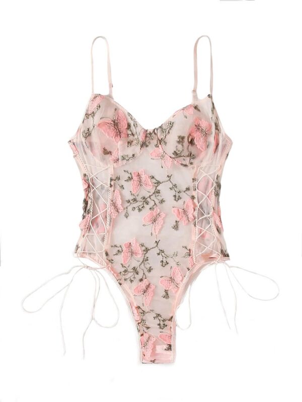 e86871dca387c819 Lilosy Women Sexy Lace Up Floral Embroidered Teddy Lingerie Bodysuit Top Mesh Sheer One Piece