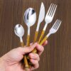 e86d107837c62b38 30pcs Stainless Steel Imitation Wooden Handle Cutlery Set Dinnerware Clamp Western Tableware Knife Fork Tea Spoon
