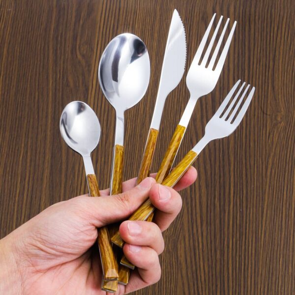 e86d107837c62b38 30pcs Stainless Steel Imitation Wooden Handle Cutlery Set Dinnerware Clamp Western Tableware Knife Fork Tea Spoon