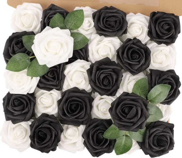 e88eefa49d5acf85 MACTING 30PCS Artificial Glitter Flowers, Black Fake Roses with Stem for Valentines Day Tree Ornaments Party Wreath Home Spring Indoor Decorations
