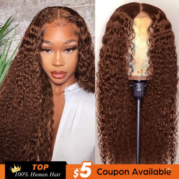 13x4 Chocolate Brown Deep Wave Frontal HD Lace Front Wigs Pre Plucked Colored Curly Human Hair Wig