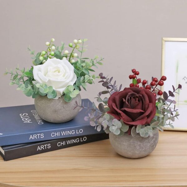 e8e6dfd6b3305888 Artificial Flowers Kit with Pot, Combination of Fake Silk Burgundy Red Roses and Greenery,Small Plant Potted Decor for Offices,Bookshelf,Bedroom, Living Room,Party,Wedding Decorations…