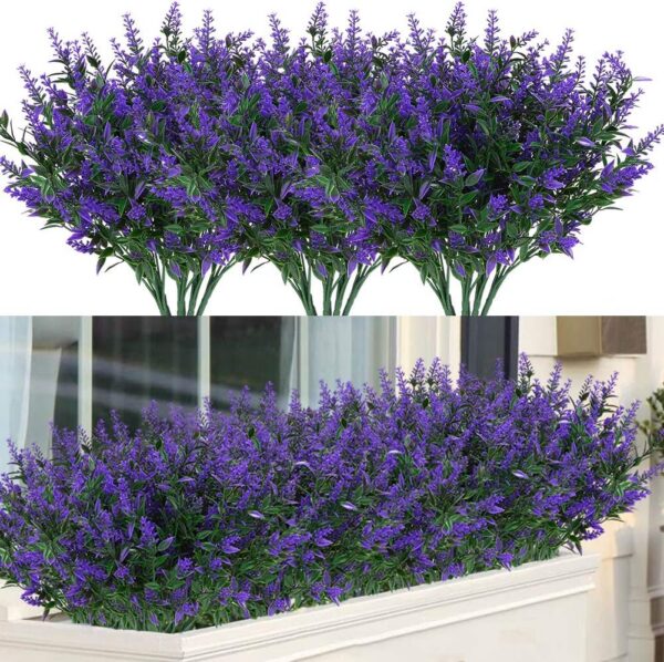 8 Bundles Outdoor Artificial Lavender Fake Flowers UV Resistant Shrubs, Faux Plastic Greenery for Indoor Outside Hanging Plants Garden Porch Window Box Wedding Farmhouse Decor (Orange Red)