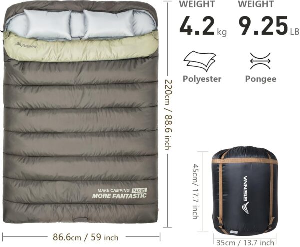 BISINNA Double Sleepinag Bag for Adults Two Person Queen Size Camping Sleeping Bag for All Season Backpacking Hiking Cold Weather with Compression Sack