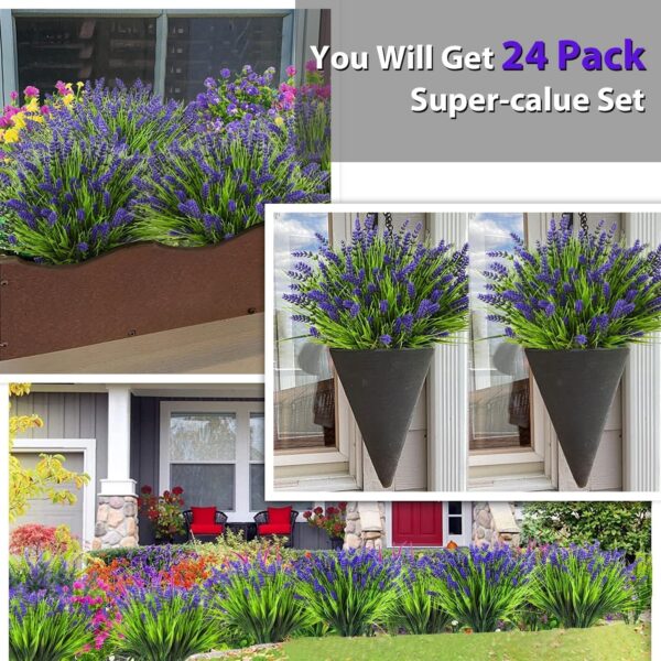 Artificial Plants Outdoor, 24PCS Lavender Artificial Flowers, UV Resistant Fake Flowers, Faux Flowers for Outdoor Planters for Home Garden Outside Porch Decor