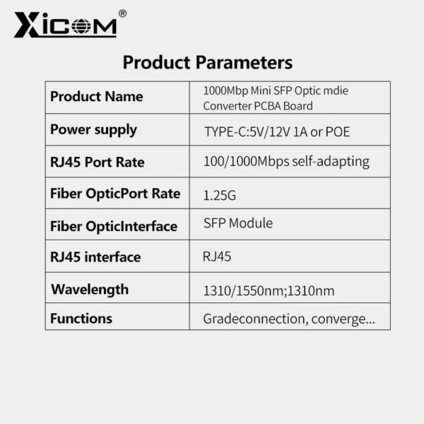 Xicom Mini RPOE 1.25G Media Converter Slot SFP Transceiver Module 5V DC Type-C input 1 SFP Slot 1 RJ45 Ethernet SFP Fiber Switch