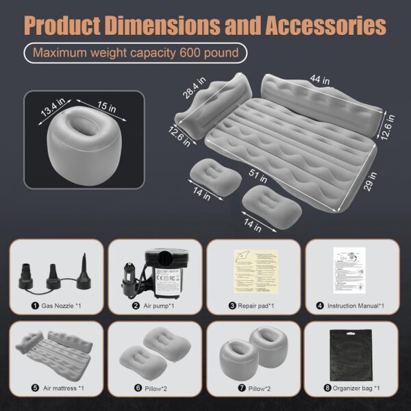 e9df8a2466bfcc4e Vextone Inflatable Air Mattress Rear Back Seat Car Bed - PVC Thickened Travel Camping Air Mattress for SUV Cars, Gray Sleeping Car Mattress - Universal Fit, with Pillows, Piers, Repair Pad