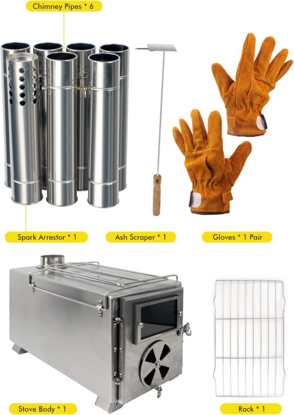 LAMA Tent Camping Stove, Portable Folding Stainless Steel Wood Stove with Chimneys and Gloves, Wood Burner for Tents, Hiking, Cooking, Heating, Camping, Silverwhite