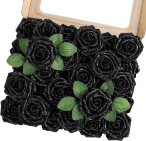 eaa0875c744ca5a1 MACTING 30PCS Artificial Glitter Flowers, Black Fake Roses with Stem for Valentines Day Tree Ornaments Party Wreath Home Spring Indoor Decorations