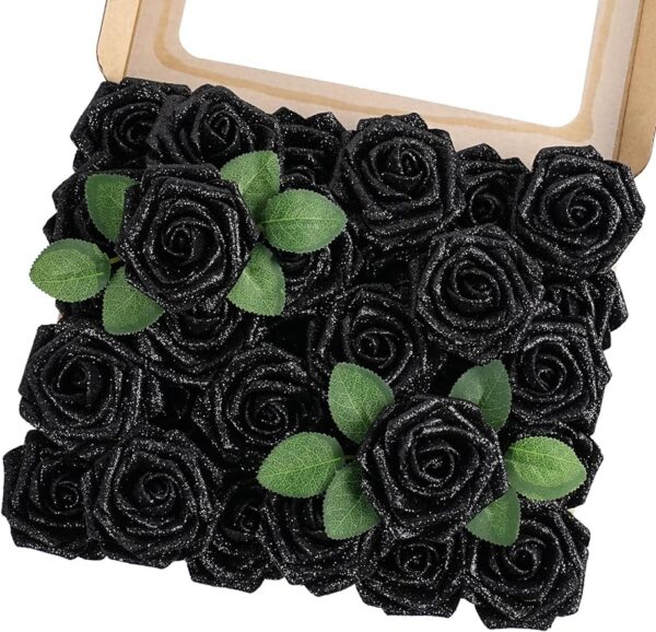 eaa0875c744ca5a1 MACTING 30PCS Artificial Glitter Flowers, Black Fake Roses with Stem for Valentines Day Tree Ornaments Party Wreath Home Spring Indoor Decorations