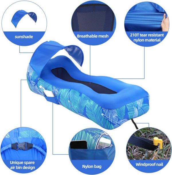 RZM Inflatable Lounger Air Sofa with Sunshade - Portable Waterproof Outdoor Couch for Camping, Beach, Hiking & Music Festivals - Quick Setup Lightweight Furniture w/Carry Bag (Clear Blue)