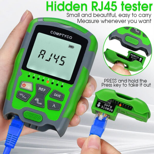 Rechargeable Fiber Tester 4 in 1 Mini Optical Power Meter -70~+10dBm & Visual Fault Locator & Rj45 Network Test & LED Lighting