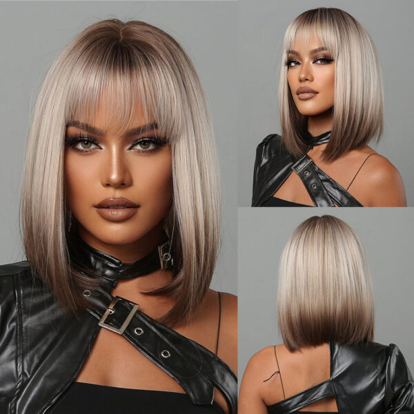 eb2c556d5cab1fd4 Brown Blonde Ombre Synthetic Short Straight Bob Wigs for Women Middle Part Lolita Cosplay Natural Hair Heat Resistant Fiber