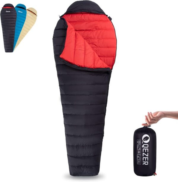 QEZER Ultralight Sleeping Bag for Adults,only 780g Backpacking Sleeping Bag Filled 600+FP Duck Down 5°C 15°C for Camping,and Hiking,Warehouse Outdoor