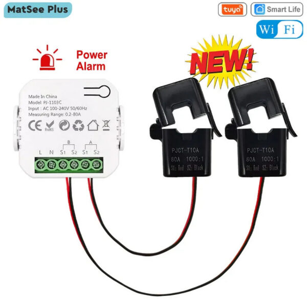 eb3c68c1acab378e Tuya Smart New WiFi Energy Clamp Bidirectional Meter with Buzzer Alarm for Threshold App Monitor Export Import Power AC110V/240V