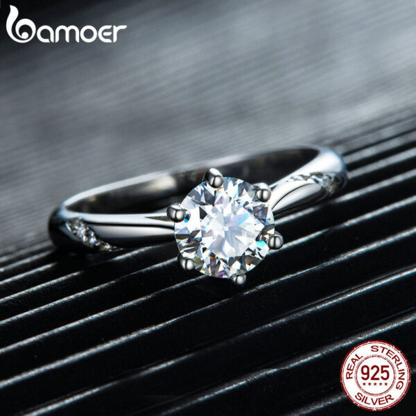 BAMOER D Color VVS1 EX Ring 1ct Round Moissanite Diamond Solitaire Engagement Sterling Sier Rings For Women