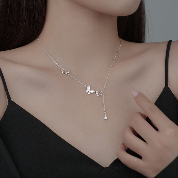 ec8b34b07b040e7d Sterling Sier Hollowed Out Diamond Butterfly Tassel Necklace For Women's Personalized Collarbone Chain Wedding Jewelry