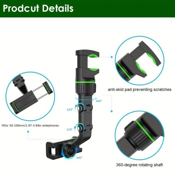 Rearview Holder, 360° Rotatable and Retractable Car Phone Mount, Multifunctional Rear View Mirror Holder for All Ca
