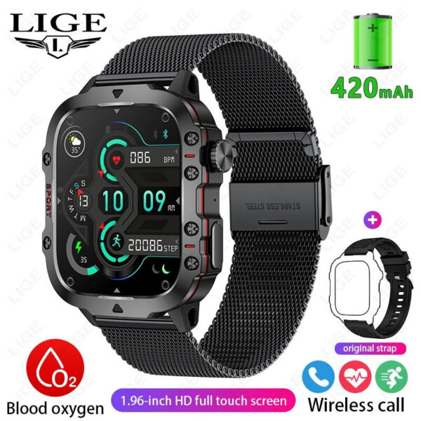 LIGE New Smart 1.96 Inch Screen 420 MAh Bluetooth Call Voice Assistant Watch Sports Fiess Waterproof Smartwatch For Men