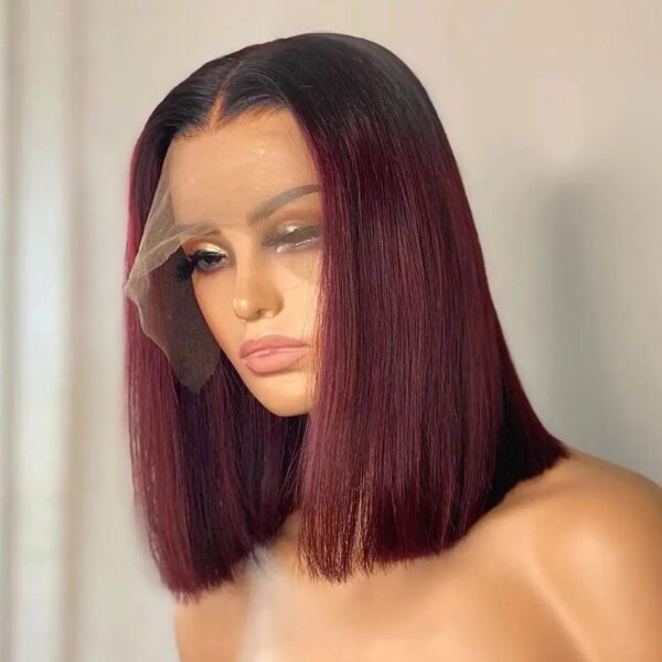 1B/99J Bury Short Straight Bob Brazilian Front Human Pre Plucked T Part Lace Wigs Remy Hair