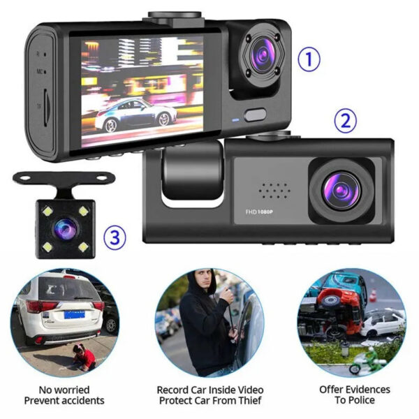 ed9ce8d5c0b77c0d Dash Cam W/ IR Night Vision Loop Recording & 2" IPS Screen 1080P 3 Camera , DVR recorder, video recorder, Vehicle DVR